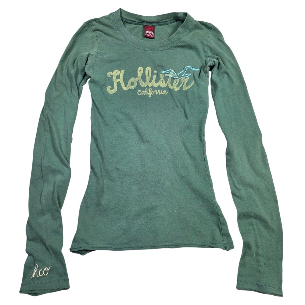 Vtg Y2k Hollister Long Sleeve T Green‎ XS Embroidered Tight 2000s Bratz Low Rise